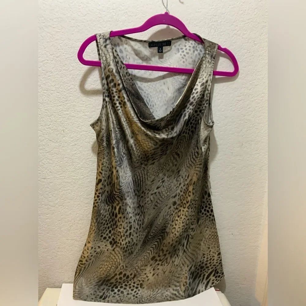 Lafayette 148 animal print cowl neck belted silk sleeveless blouse size 8